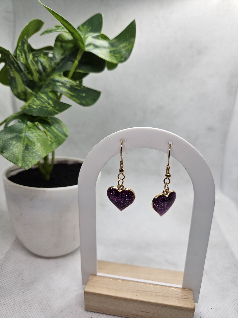 Gold-Tone Heart Drop Earrings with Purple Glitter Hearts